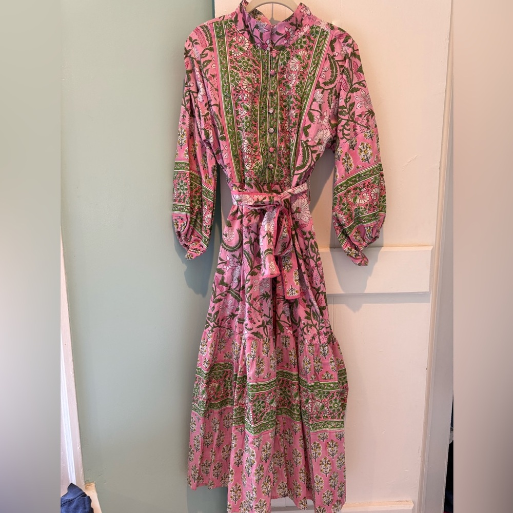 Elegant Pink and Green Floral Long Sleeve Dress